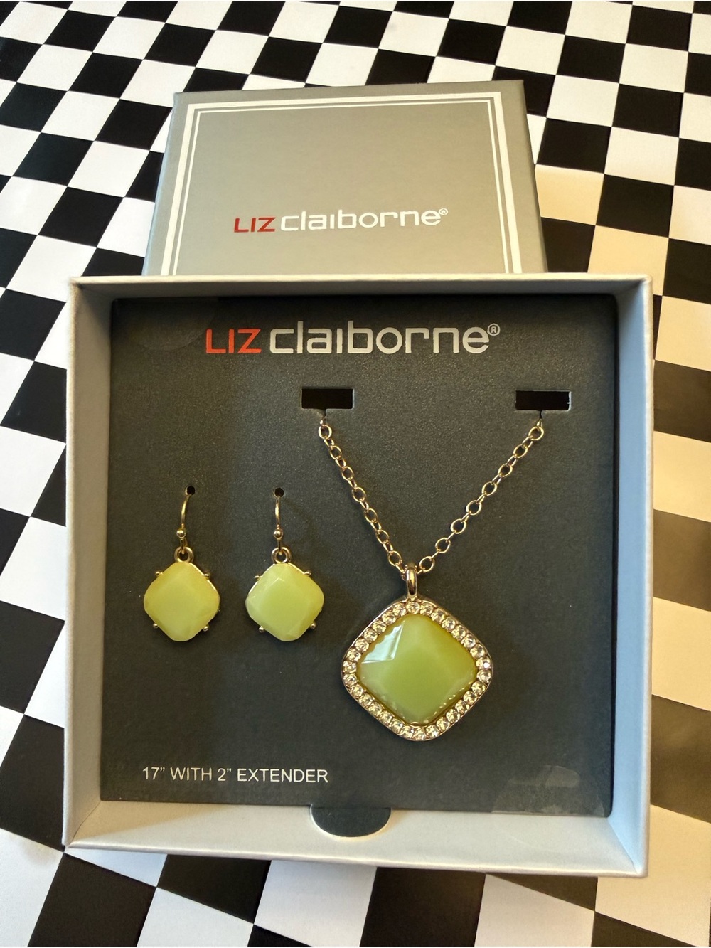 Liz Claiborne Lime Green Stone Pendant Necklace and Earrings in Gold-Tone
